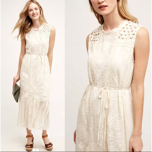 Anthropologie Dresses & Skirts - Anthropologie S Marguerite Lace Midi Dress Cotton Sleeveless Crewneck White EUC!